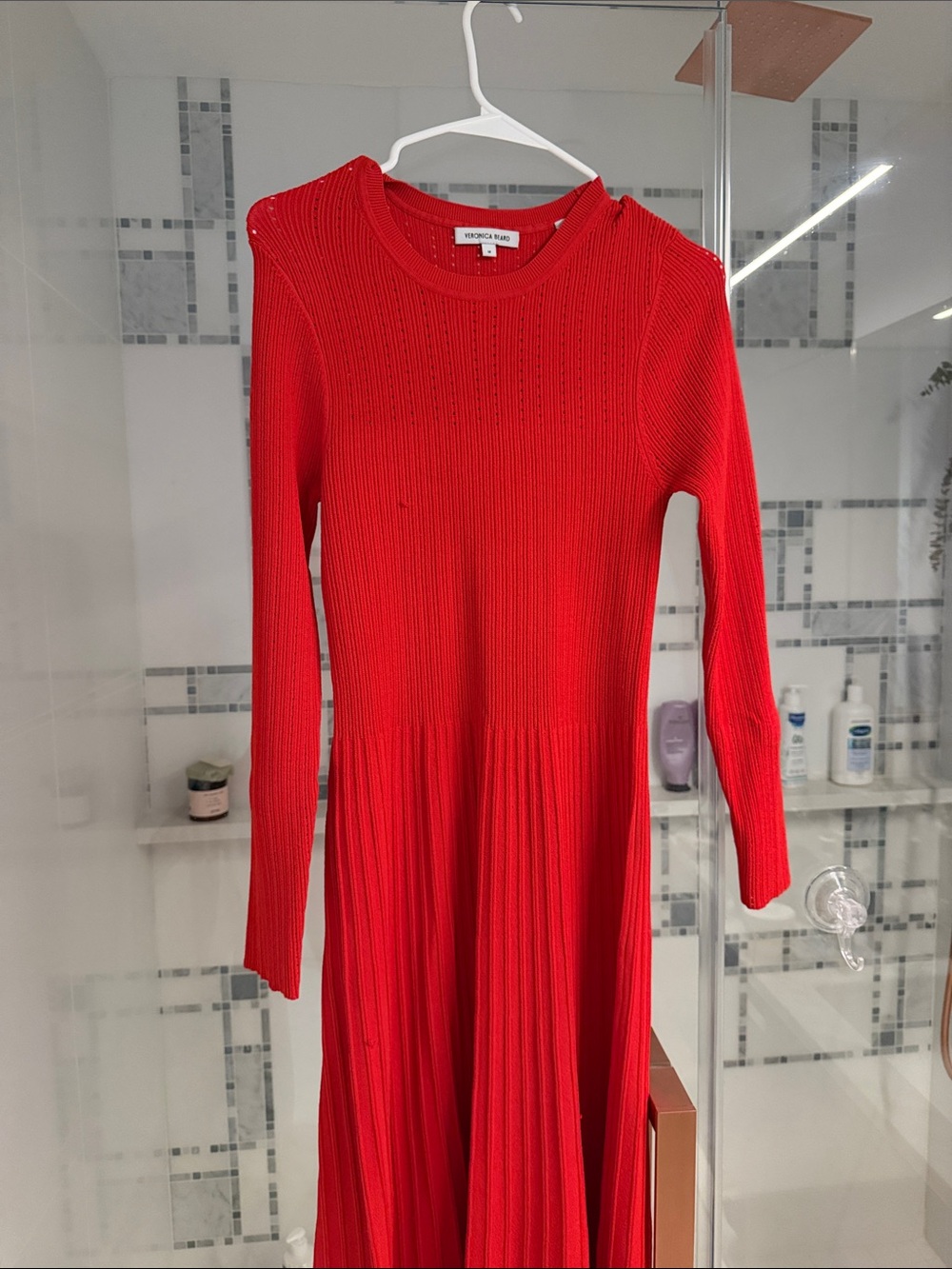 Veronica Beard Red Ribbed Long-Sleeve Crewneck Sweater Dress